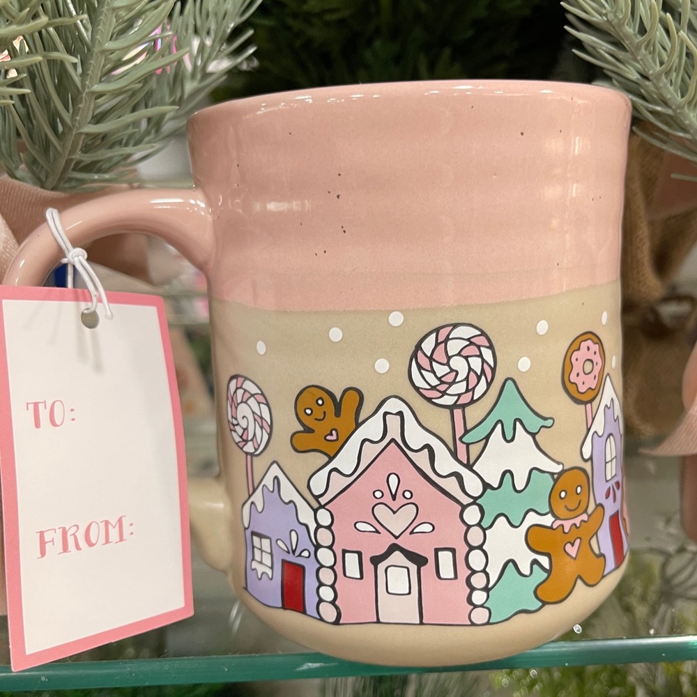Pink Christmas Pink Gingerbread House Desserts Ceramic Coffee Mug NWT